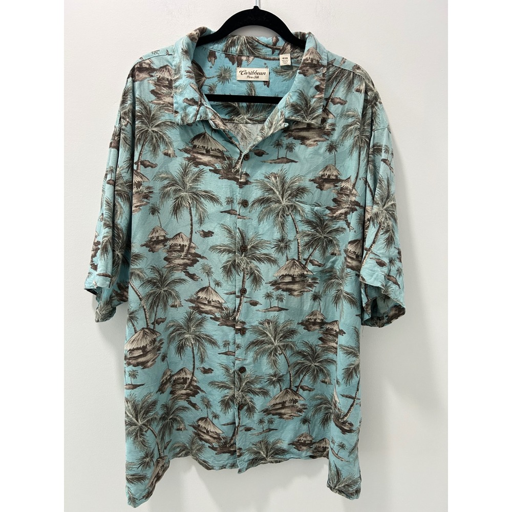 Caribbean Pure Silk Mens 4XB Tropical Palm Tree Island Button Down Shirt Blue